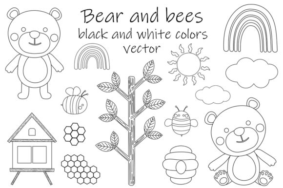 Download Bear and Bees Black and White Coloring - Black and white coloring Collection